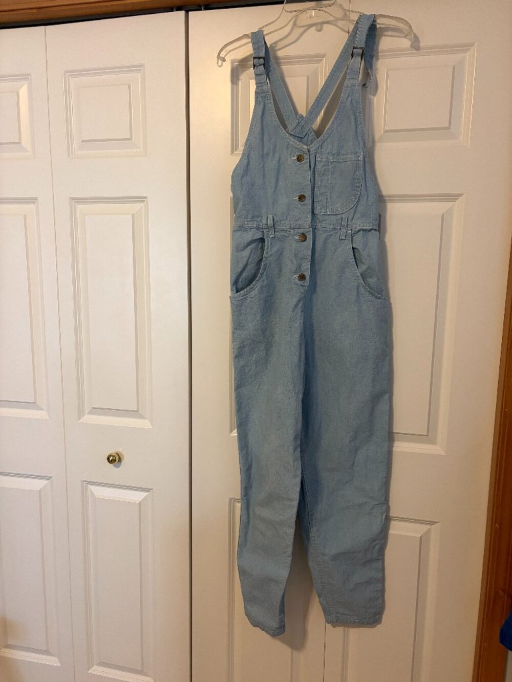 Vintage Lee 90's Chambray Overalls Light Wash Button Front Made in USA Size 7.